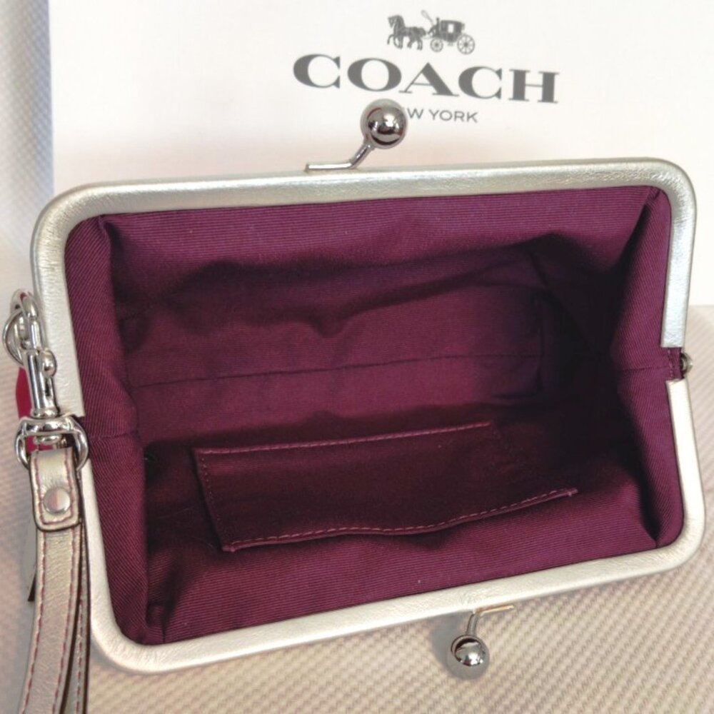 Coach Satin Metallic Silver Leather Frame Kisslock Clutch Wristlet - Magenta EUC - Picture 2 of 9